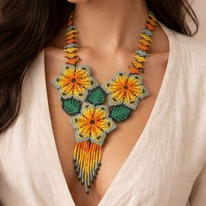 Vintage Artisan Hand-Beaded Floral Bib Necklace Statement Seed Bead